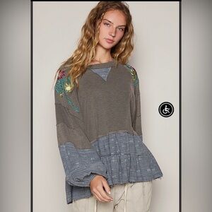 POL Gray and Brown Embroidered Blouse